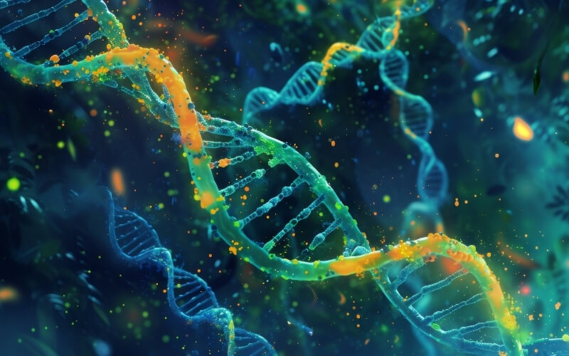 Likit biyopsi ve geniş moleküler profilleme temalı DNA yapısı görseli.